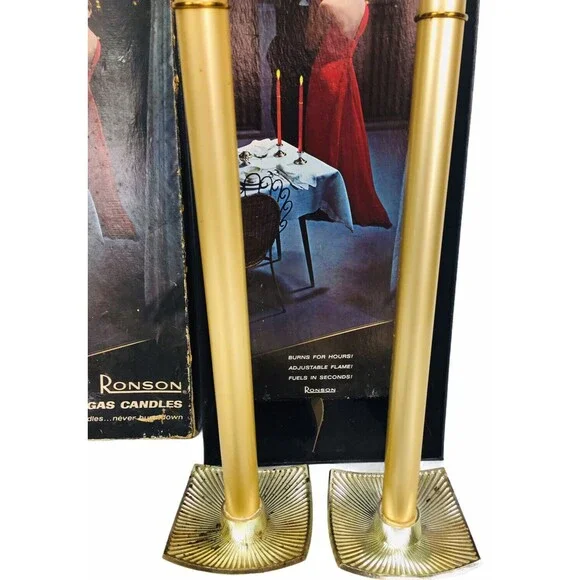 Vintage MCM Ronson Veraflames Gold Gas Candles with Stands in Original Box - Picture 8 of 9